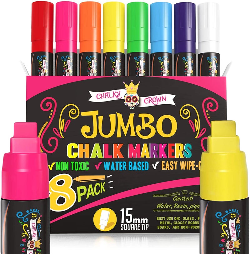 CHALKY CROWN Markers الطباشير السائل العملاقة - علامات الطباشير الجريئة للسبورات، علامة النوافذ، أقلام الطباشير للإشارات، السبورة، الزجاج - طرف مربع قابل للعكس (15 مم، 8 عبوات) - Image 1